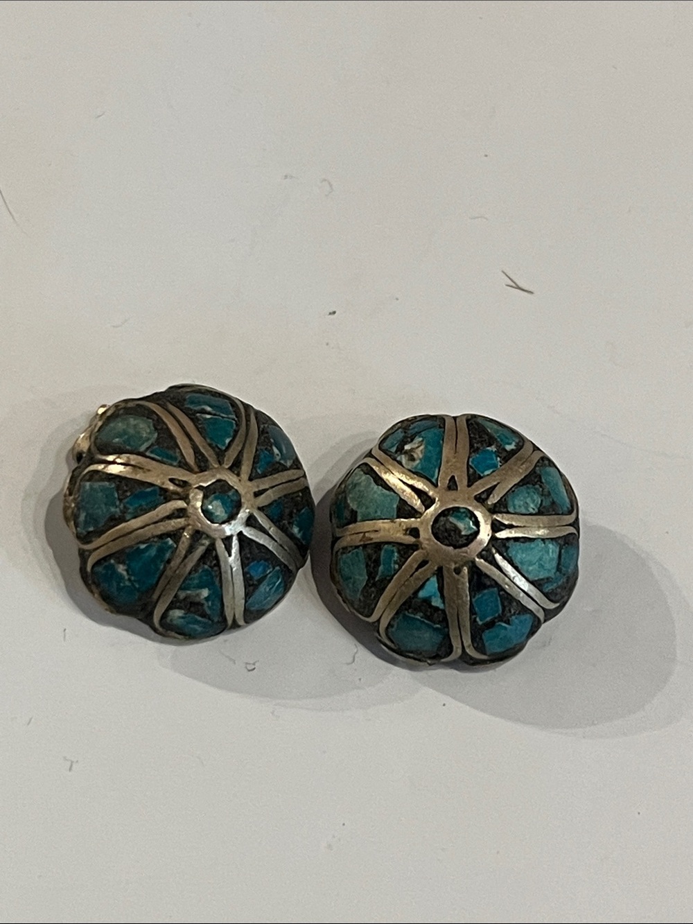 Vintage  turquoise chips inlay clip round earrings, India